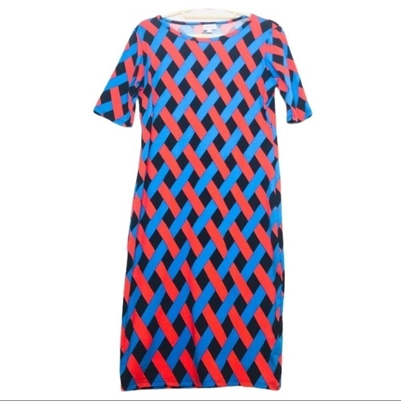 LuLaRoe Julia Midi Dress Orange Blue Black Woven Geometric Print Size M - Picture 1 of 5